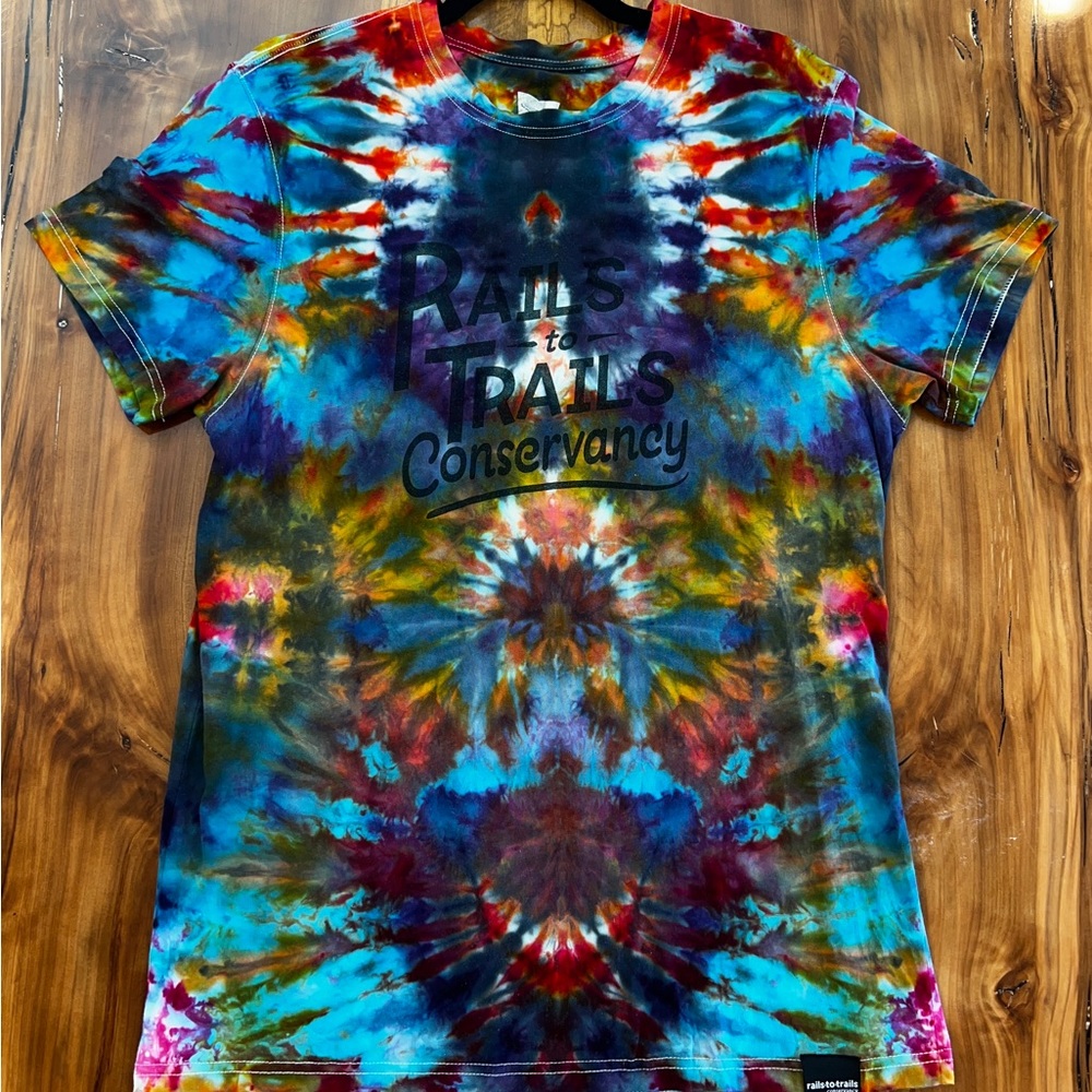 Custom ice dye shirt using new “Rails to Trail Conservancy” logo shirt as base